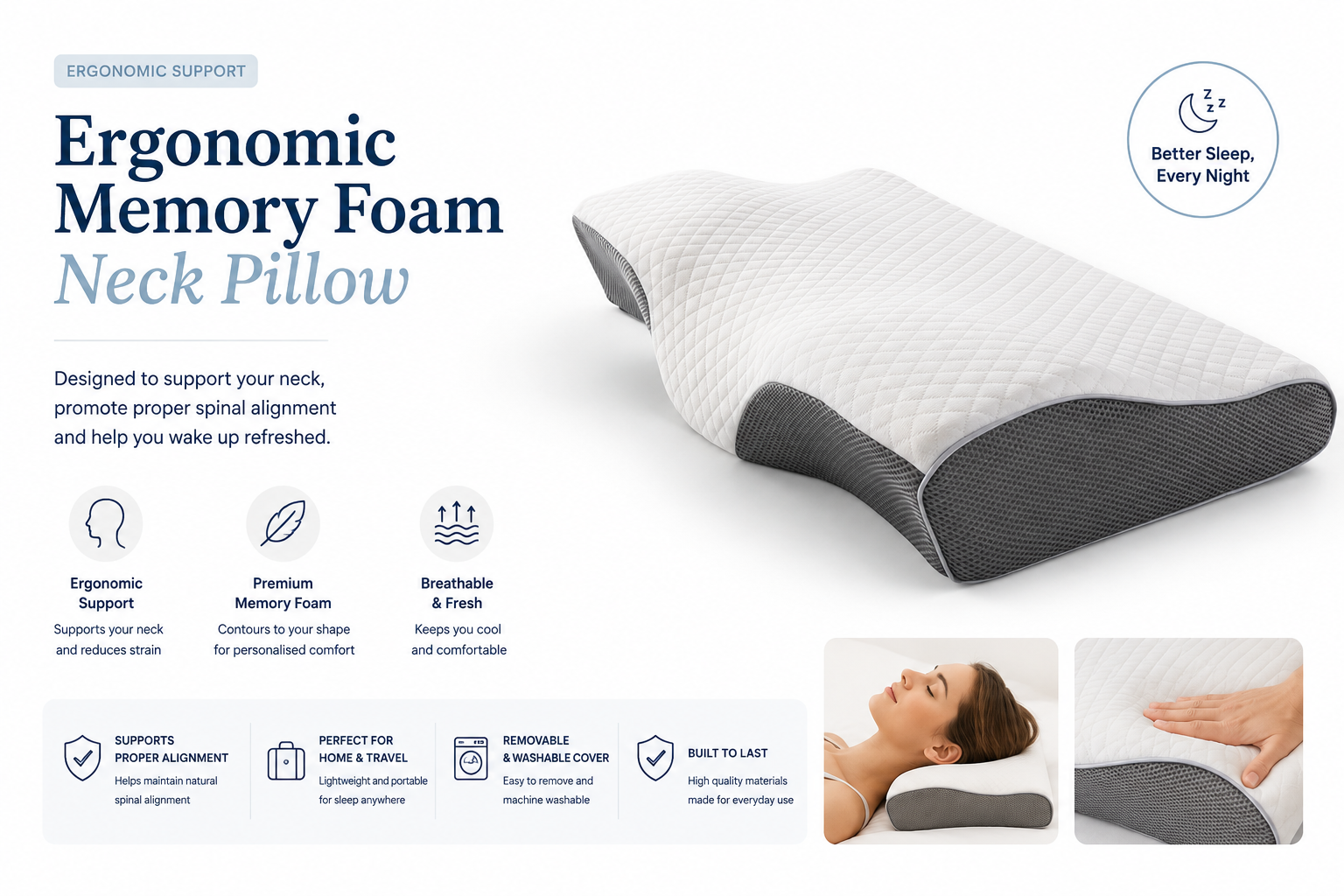 Contour Memory Foam Pillow For Neck Shoulder Pain Relief Sleeping Side Sleeper